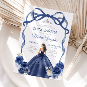 Navy Blue Bow Princess Silver Crown Quinceañera Kaart