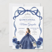 Navy Blue Bow Princess Silver Crown Quinceañera Kaart (Voorkant)