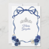 Navy Blue Bow Princess Silver Crown Quinceañera Kaart (Achterkant)