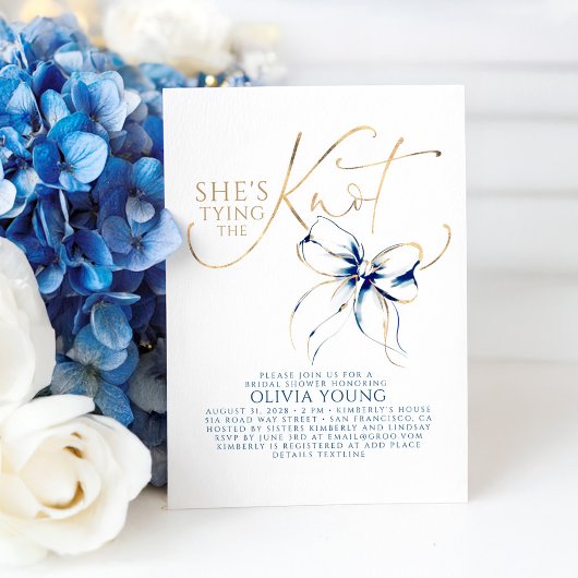 Navy Blue Bow She's Tying The Knot Bridal Shower Kaart