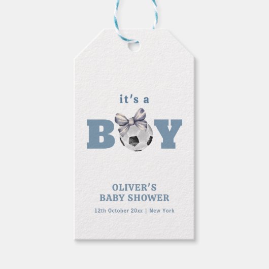 Navy Blue Bow Soccer Boy Thank You Baby Shower Cadeaulabel (Voorkant)