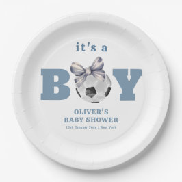 Navy Blue Bow Soccer Sport Boy Baby Shower Papieren Bordje