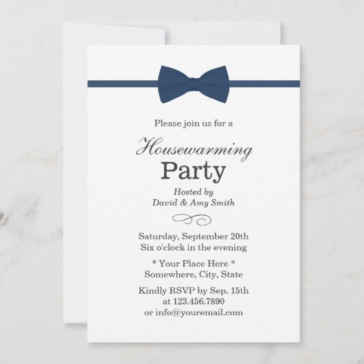 Navy Blue Bow Stropdas Classy Housewarming Party Kaart (Voorkant)
