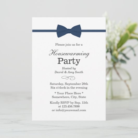 Navy Blue Bow Stropdas Classy Housewarming Party Kaart (Staand voorkant)