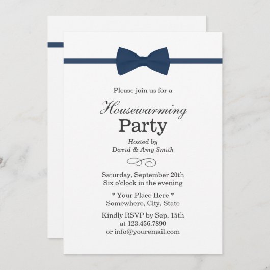 Navy Blue Bow Stropdas Classy Housewarming Party Kaart (Voorkant / Achterkant)
