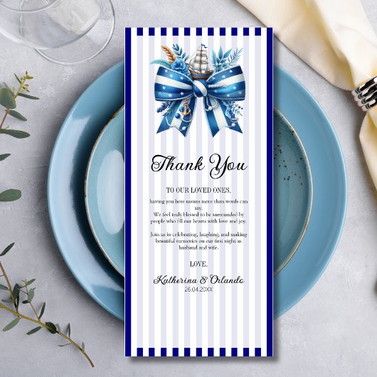 Navy Blue Bow Wedding Place Setting Thank You Card Programmakaart
