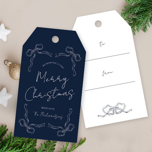 Navy Blue Bow Whimsical Uniek Kerstcadeau Cadeaulabel