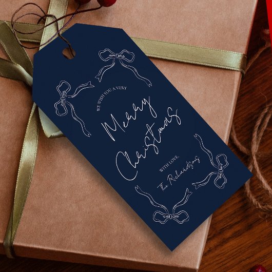 Navy Blue Bow Whimsical Uniek Kerstcadeau Cadeaulabel