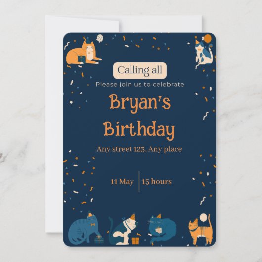 Navy Blue Boy Cat Invite Kaart (Voorkant)