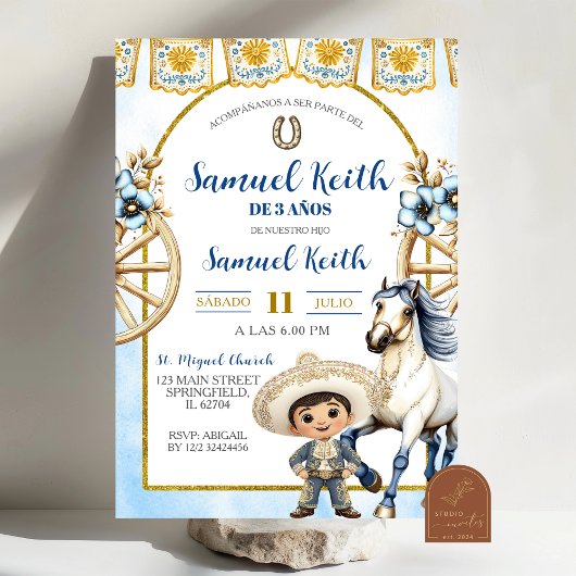 Navy Blue Boy Charro en Paard Presentacion de 3 a Kaart