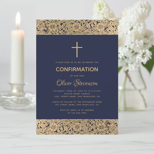 Navy Blue Boy Confirmation Floral Gold Rozen Cross Kaart