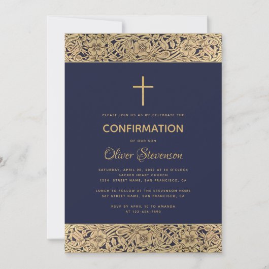 Navy Blue Boy Confirmation Floral Gold Rozen Cross Kaart (Voorkant)