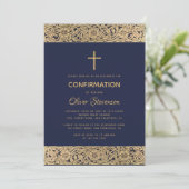 Navy Blue Boy Confirmation Floral Gold Rozen Cross Kaart (Staand voorkant)