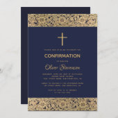Navy Blue Boy Confirmation Floral Gold Rozen Cross Kaart (Voorkant / Achterkant)