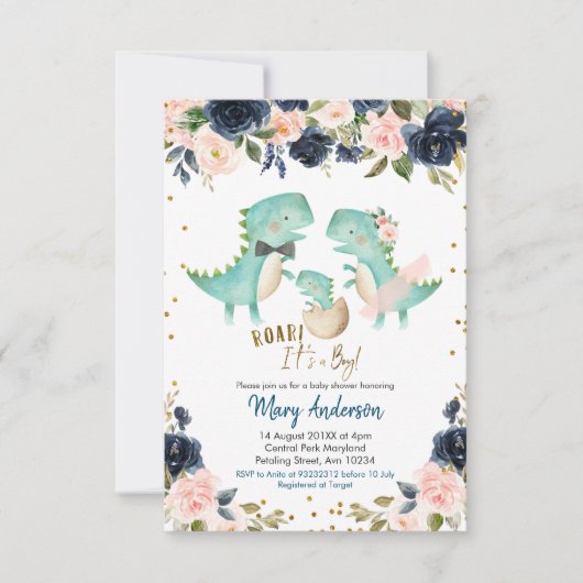 Navy Blue Boy Dinosaur Couple Shower Invite Roar Kaart (Voorkant)