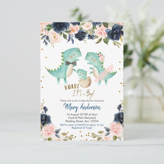 Navy Blue Boy Dinosaur Couple Shower Invite Roar Kaart (Staand voorkant)