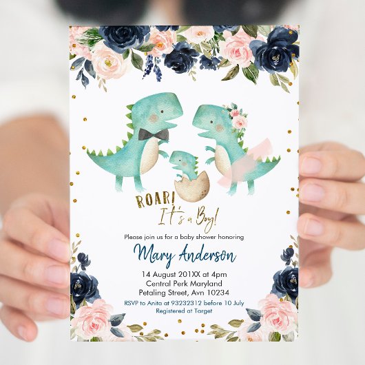 Navy Blue Boy Dinosaur Couple Shower Invite Roar Kaart