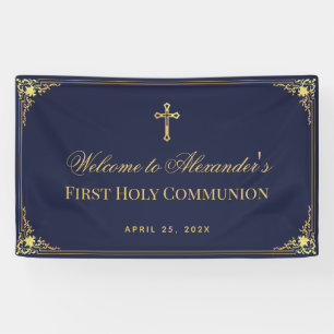 Navy Blue Boy Eerste Communie Faux Gold  Spandoek
