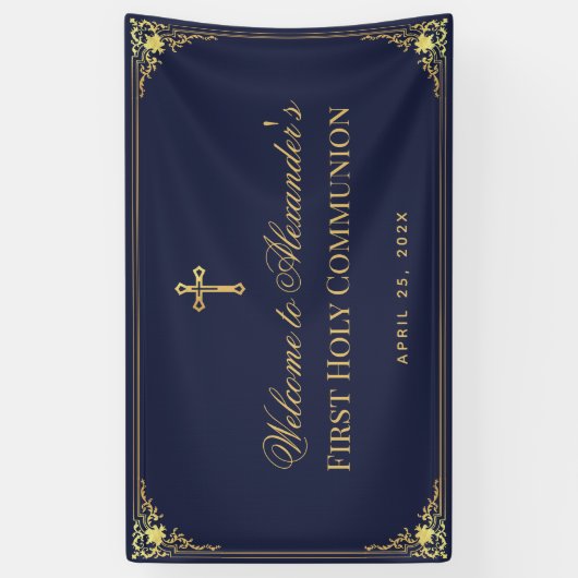 Navy Blue Boy Eerste Communie Faux Gold  Spandoek (Verticaal)