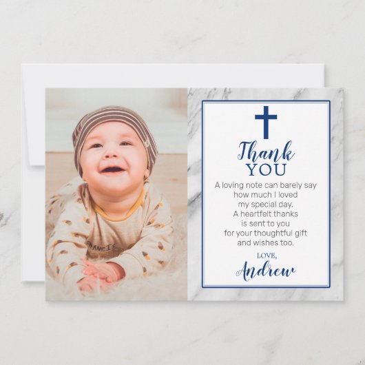 Navy Blue Boy Marble Baptism Foto Dank u wel Kaart (Voorkant)