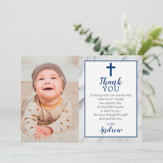 Navy Blue Boy Marble Baptism Foto Dank u wel Kaart (Staand voorkant)