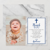 Navy Blue Boy Marble Baptism Foto Dank u wel Kaart (Voorkant / Achterkant)