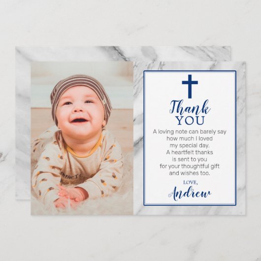 Navy Blue Boy Marble Baptism Foto Dank u wel Kaart (Voorkant / Achterkant)