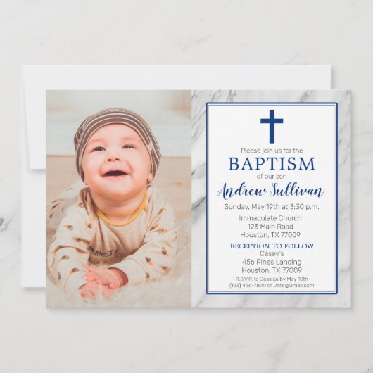 Navy Blue Boy Marble Baptism Foto Kaart (Voorkant)