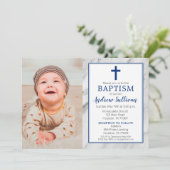 Navy Blue Boy Marble Baptism Foto Kaart (Staand voorkant)
