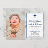 Navy Blue Boy Marble Baptism Foto Kaart (Voorkant / Achterkant)