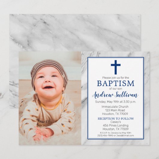 Navy Blue Boy Marble Baptism Foto Kaart (Voorkant / Achterkant)