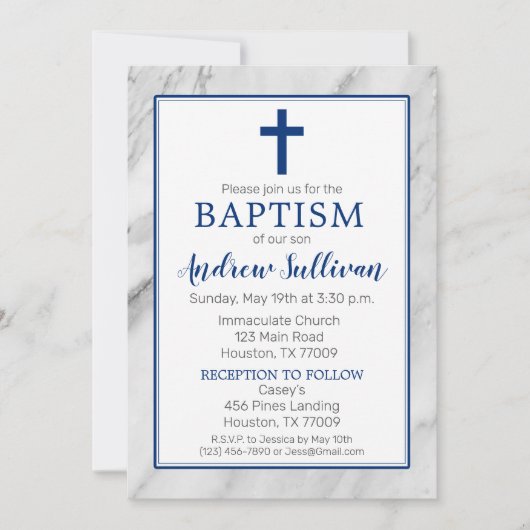 Navy Blue Boy Marble Baptism Kaart (Voorkant)