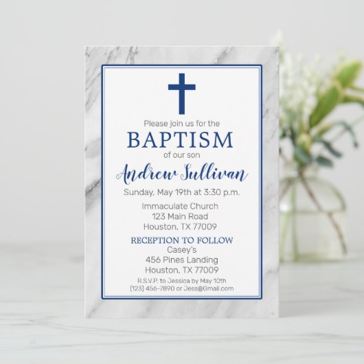 Navy Blue Boy Marble Baptism Kaart (Staand voorkant)