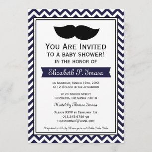 Navy Blue Boy Mustache Chevron Baby shower Kaart