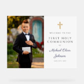 Navy Blue Boy Photo First Communion Welcome Acryl Bord (Voorkant)