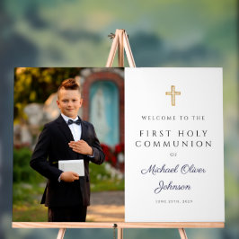 Navy Blue Boy Photo First Communion Welcome Acryl Bord