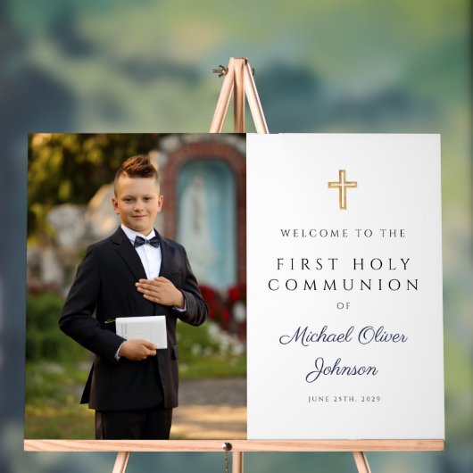 Navy Blue Boy Photo First Communion Welcome Acryl Bord (Neutraal)