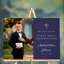 Navy Blue Boy Photo First Communion Welcome Acryl Bord