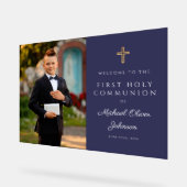 Navy Blue Boy Photo First Communion Welcome Acryl Bord (Hoek)
