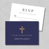 Navy Blue Boy Religious Cross Confirmation RSVP Kaartje