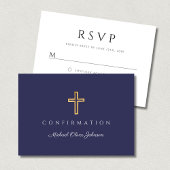 Navy Blue Boy Religious Cross Confirmation RSVP Kaartje