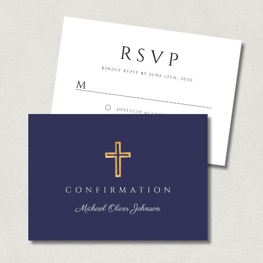 Navy Blue Boy Religious Cross Confirmation RSVP Kaartje
