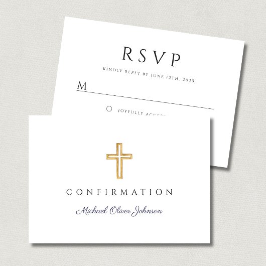 Navy Blue Boy Religious Cross Confirmation RSVP Kaartje