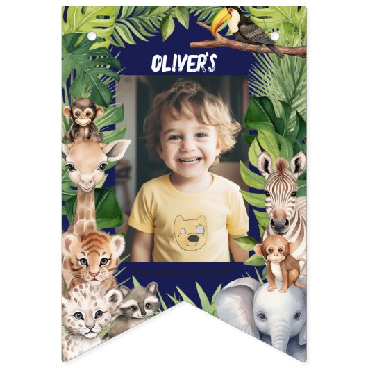 Navy Blue Boy Safari Oerwoud Foto Verjaardag Vlaggetjes (Tweede vlag)