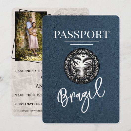 Navy Blue Brazil Passport Bewaar de datum Save The Date (Voorkant / Achterkant)