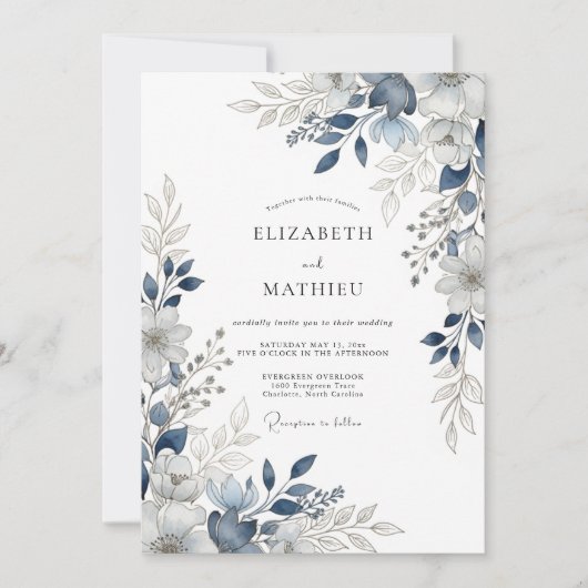 Navy Blue Breathtaking Botanical Wedding Kaart (Voorkant)