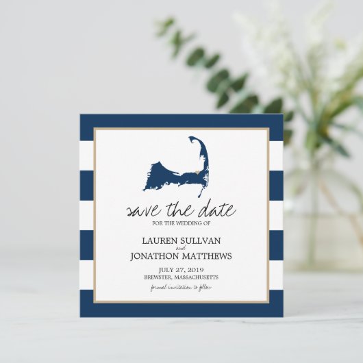 Navy Blue BREWSTER Cape Cod Map opslaan op datum Save The Date (Staand voorkant)