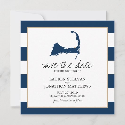 Navy Blue BREWSTER Cape Cod Map opslaan op datum Save The Date (Voorkant)
