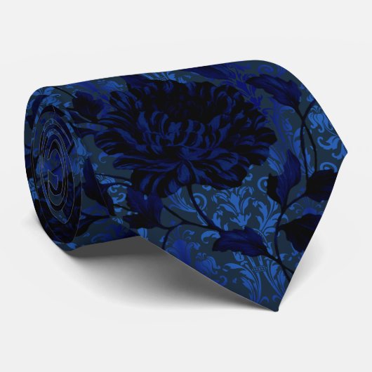 Navy Blue Bright Floral Damask Aristocrat Wedding Stropdas (Opgerold)
