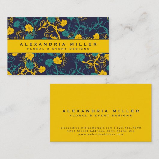 Navy Blue & Bright Yellow Floral Design Visitekaartje (Voorkant / Achterkant)